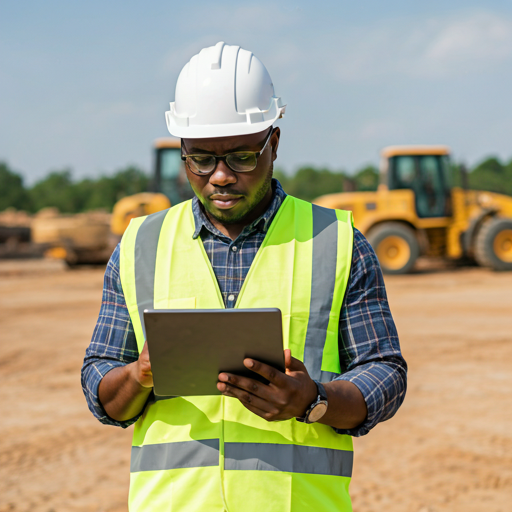 Nigerian engineer in safety gear reviewing blueprints on a tablet at a construction site