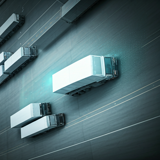 Aerial view of an organised logistics hub with trucks lined up in a clean industrial yard