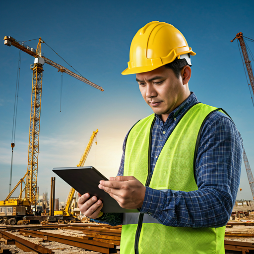 Engineer in high-visibility vest reviewing blueprints at an active construction site