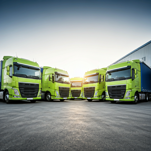 Fleet of heavy-duty logistics trucks lined up in a clean industrial yard